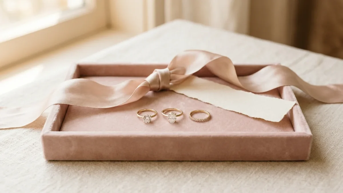 A silk ribbon beside elegant gold bands demonstrating how to measure ring size at home without a ring.